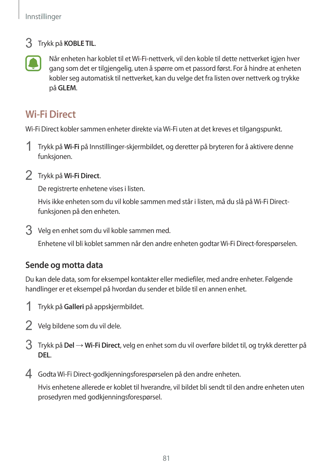 Samsung SM-T715NZWENEE manual Wi-Fi Direct, Sende og motta data 