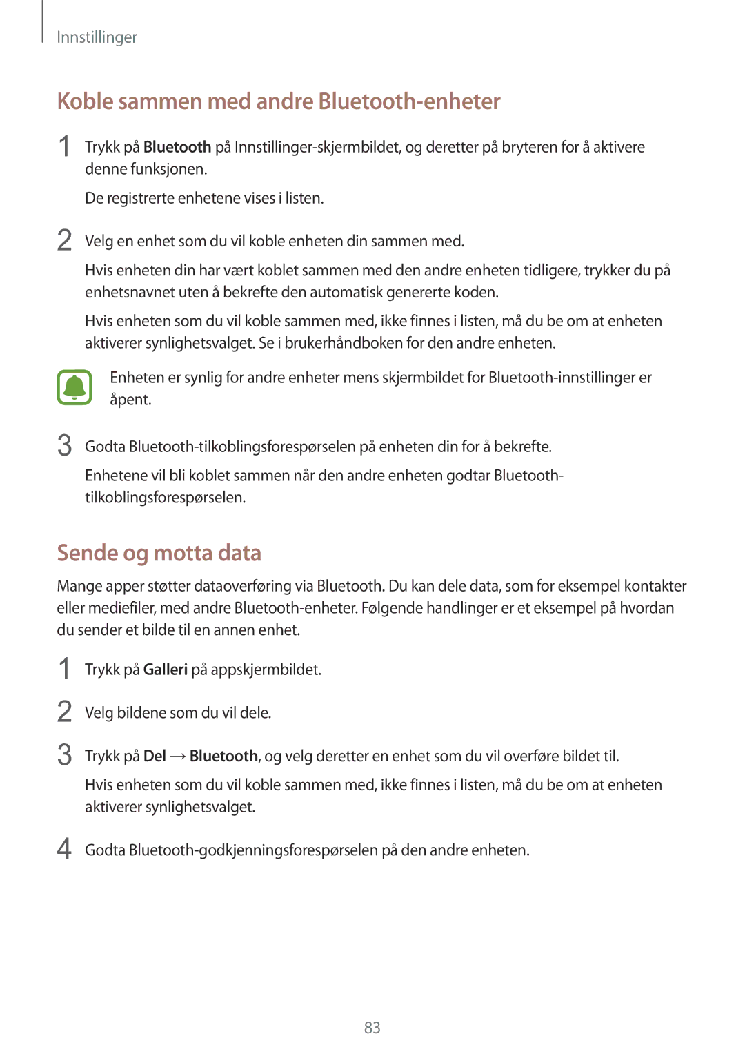 Samsung SM-T715NZWENEE manual Koble sammen med andre Bluetooth-enheter, Sende og motta data 