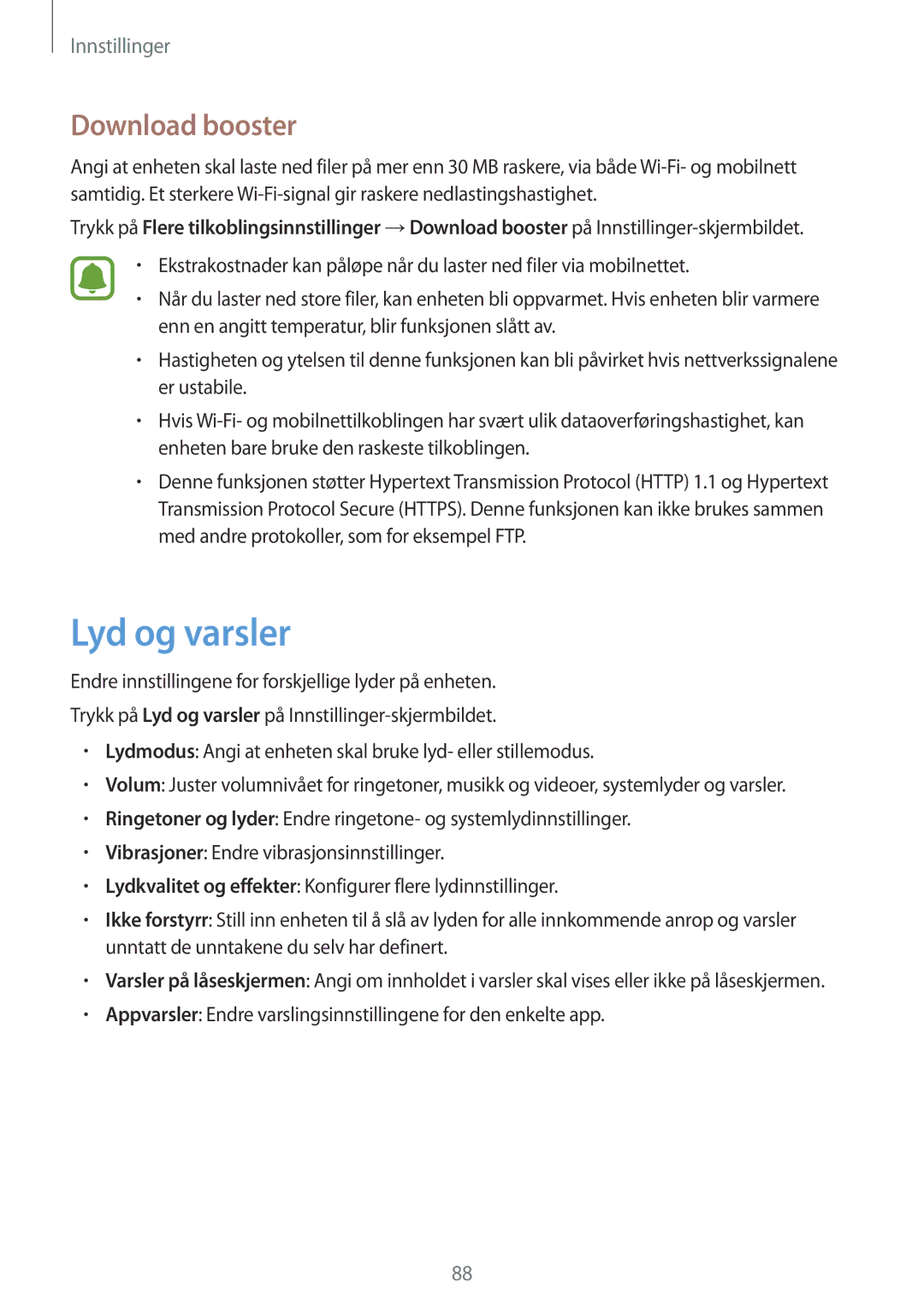 Samsung SM-T715NZWENEE manual Lyd og varsler, Download booster 