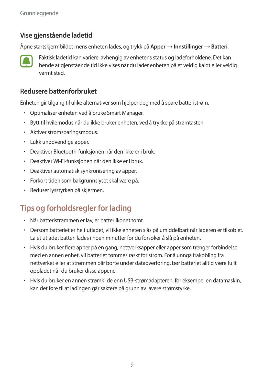 Samsung SM-T715NZWENEE manual Tips og forholdsregler for lading, Vise gjenstående ladetid, Redusere batteriforbruket 