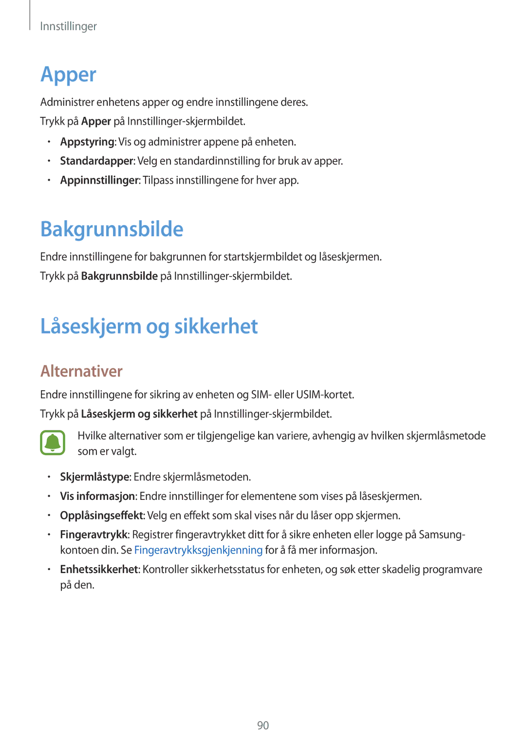 Samsung SM-T715NZWENEE manual Apper, Bakgrunnsbilde, Låseskjerm og sikkerhet 