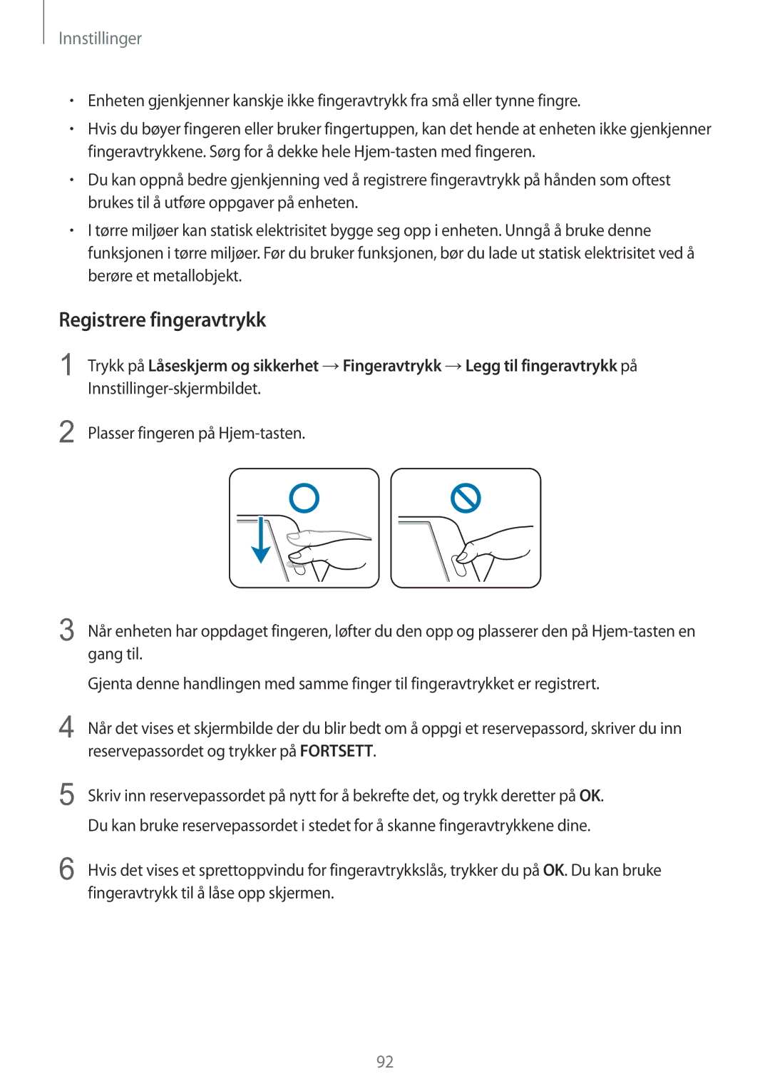 Samsung SM-T715NZWENEE manual Registrere fingeravtrykk 