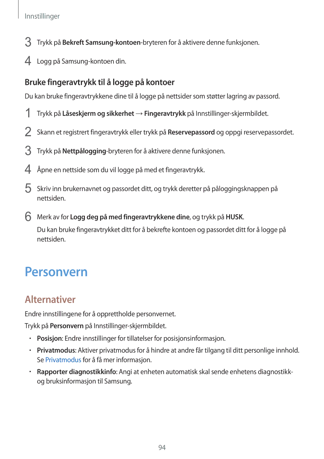 Samsung SM-T715NZWENEE manual Personvern, Bruke fingeravtrykk til å logge på kontoer 