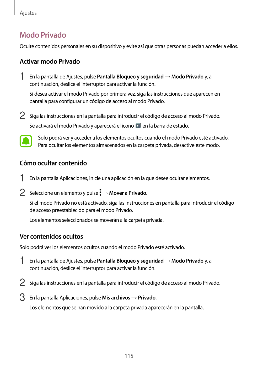 Samsung SM-T815NZWEPHE, SM-T715NZWEPHE Modo Privado, Activar modo Privado, Cómo ocultar contenido, Ver contenidos ocultos 