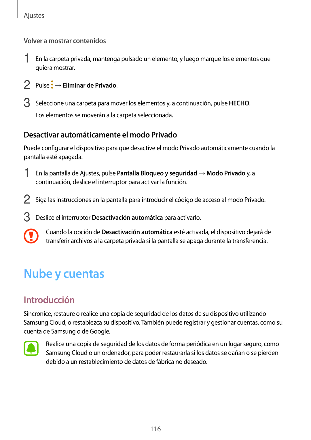 Samsung SM-T815NZKEPHE manual Nube y cuentas, Desactivar automáticamente el modo Privado, Pulse →Eliminar de Privado 