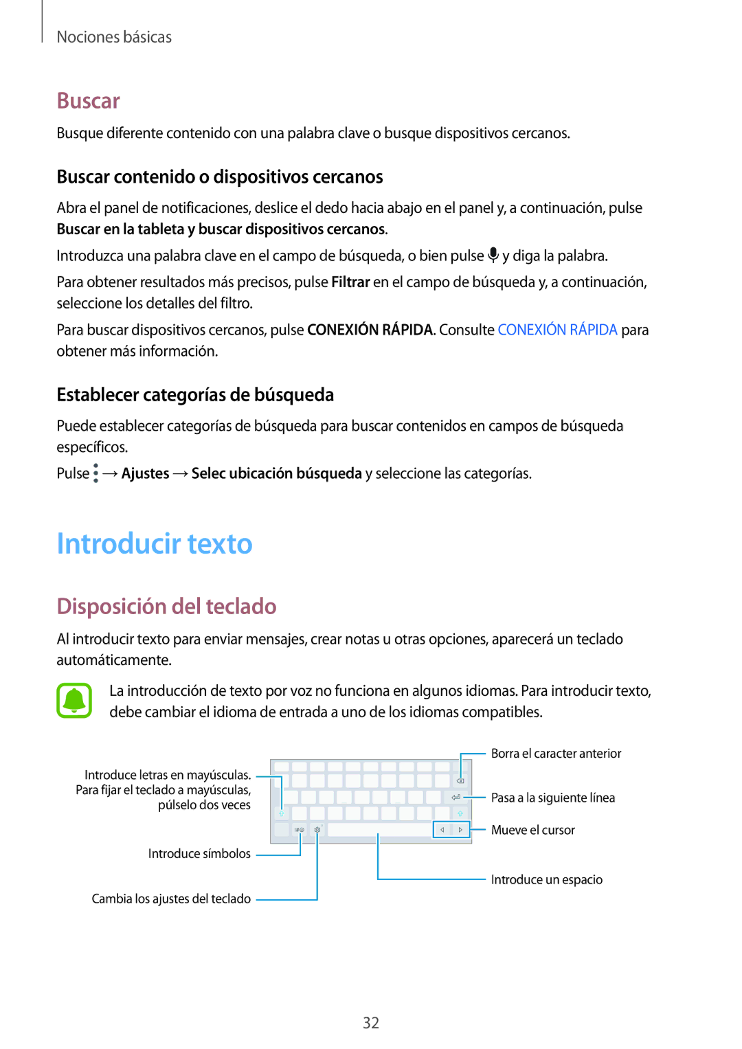 Samsung SM-T815NZKEPHE manual Introducir texto, Disposición del teclado, Buscar contenido o dispositivos cercanos 