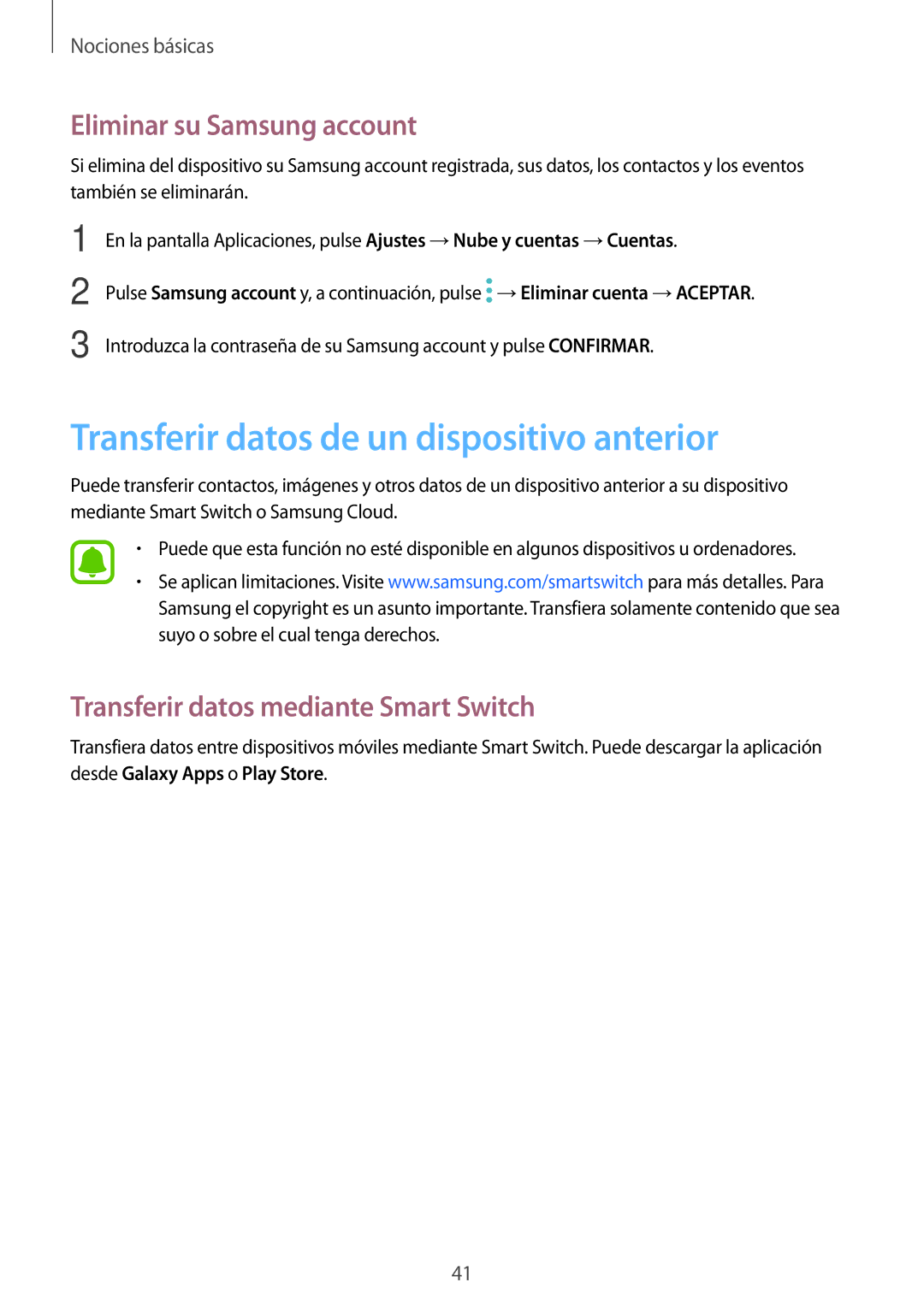 Samsung SM-T815NZKEPHE, SM-T715NZWEPHE manual Transferir datos de un dispositivo anterior, Eliminar su Samsung account 