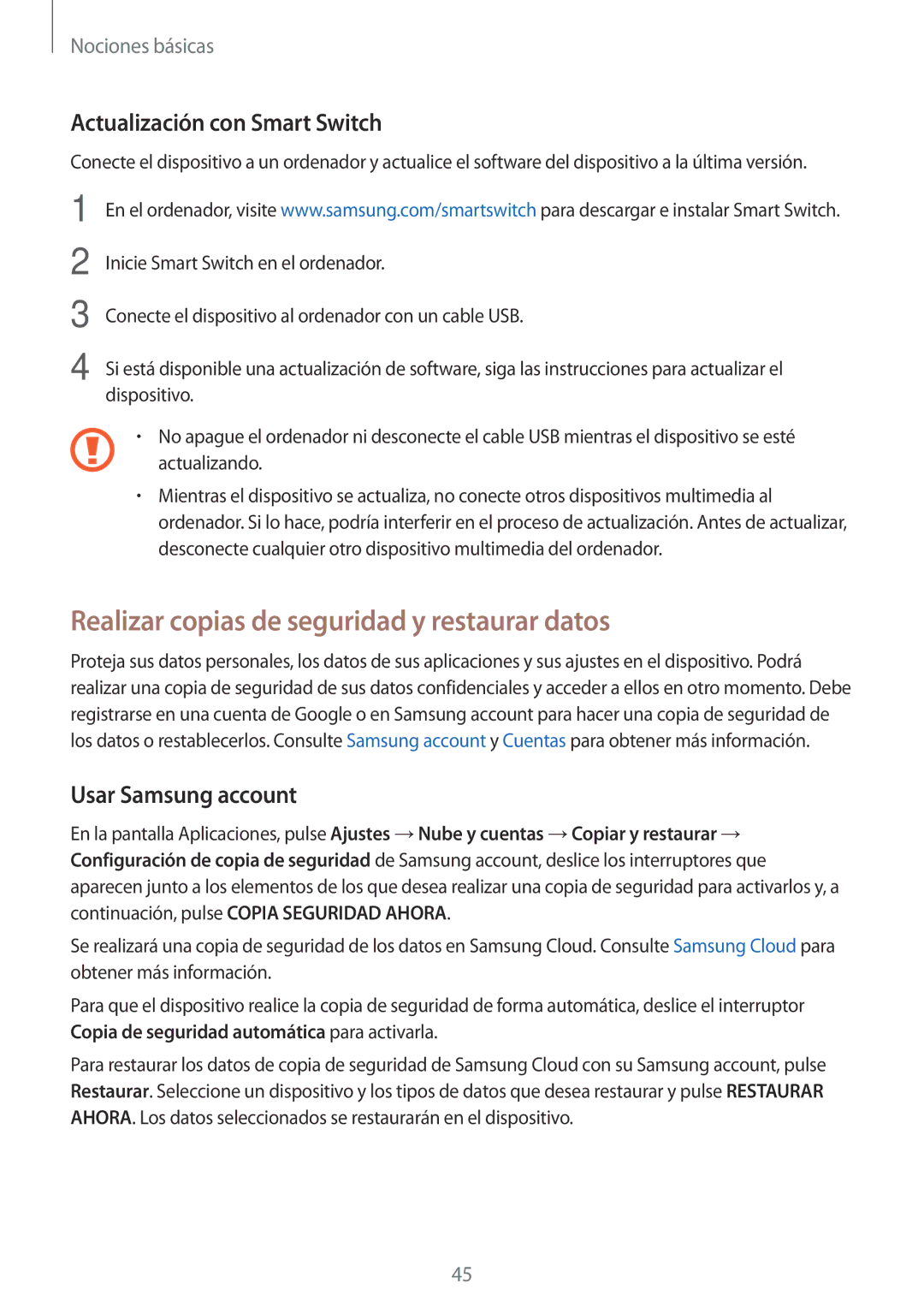 Samsung SM-T715NZWEPHE, SM-T815NZWEPHE manual Realizar copias de seguridad y restaurar datos, Actualización con Smart Switch 