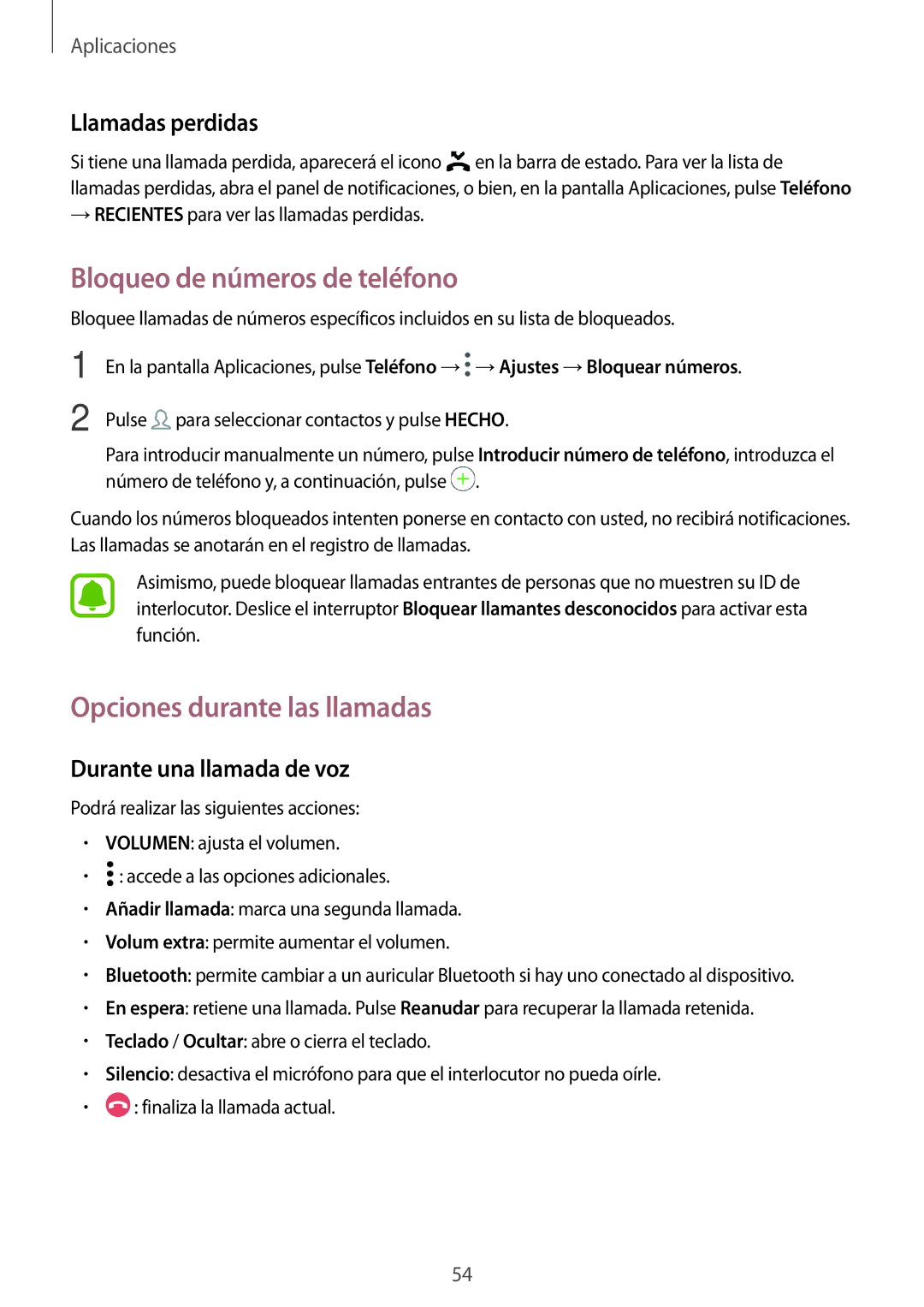 Samsung SM-T715NZWEPHE, SM-T815NZWEPHE Bloqueo de números de teléfono, Opciones durante las llamadas, Llamadas perdidas 