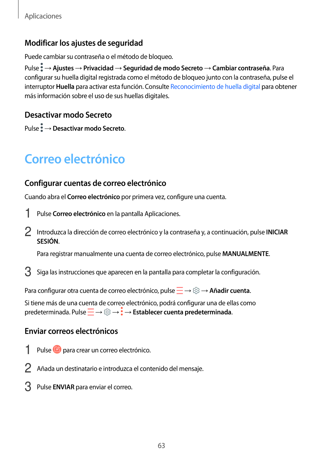 Samsung SM-T715NZWEPHE, SM-T815NZWEPHE Correo electrónico, Modificar los ajustes de seguridad, Desactivar modo Secreto 