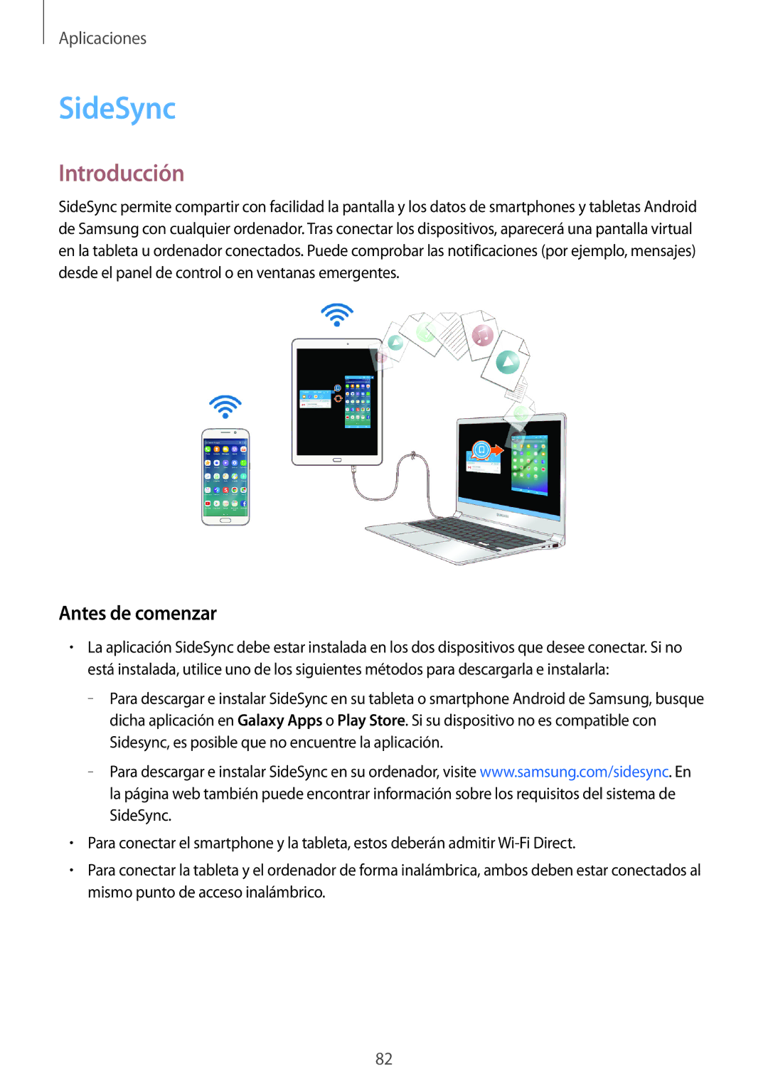 Samsung SM-T815NZWEPHE, SM-T715NZWEPHE, SM-T815NZKEPHE manual SideSync, Antes de comenzar 