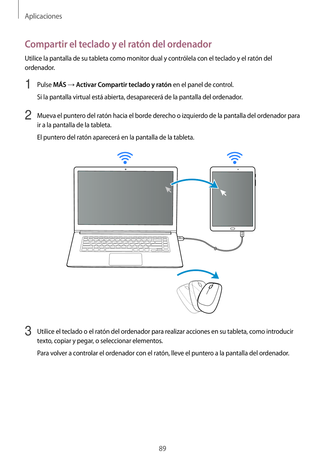 Samsung SM-T815NZKEPHE, SM-T715NZWEPHE, SM-T815NZWEPHE manual Compartir el teclado y el ratón del ordenador 