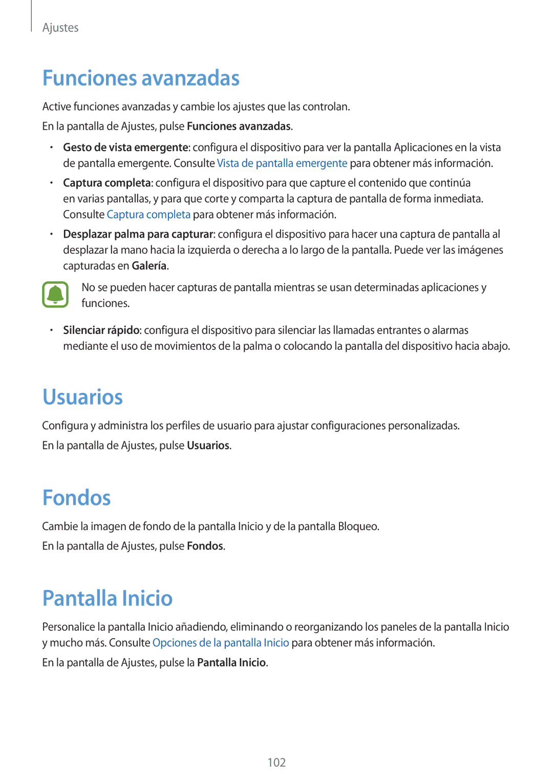 Samsung SM-T715NZWEPHE, SM-T815NZWEPHE, SM-T815NZKEPHE manual Funciones avanzadas, Usuarios, Fondos 