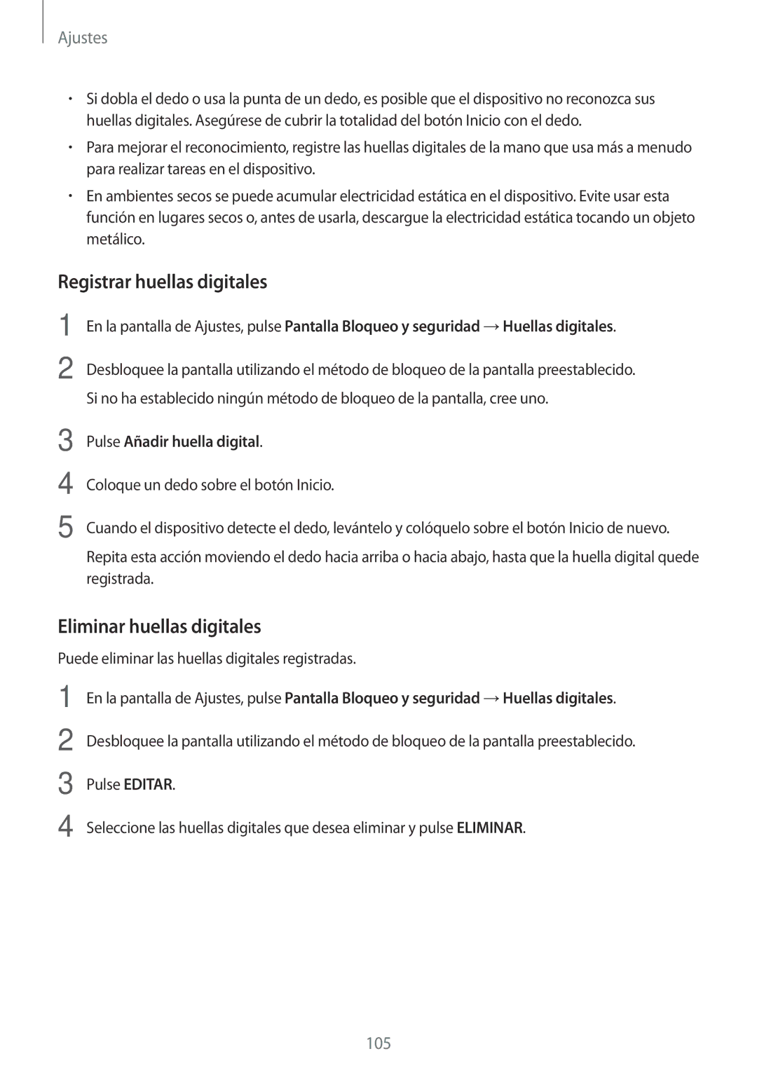 Samsung SM-T715NZWEPHE manual Registrar huellas digitales, Eliminar huellas digitales, Pulse Añadir huella digital 