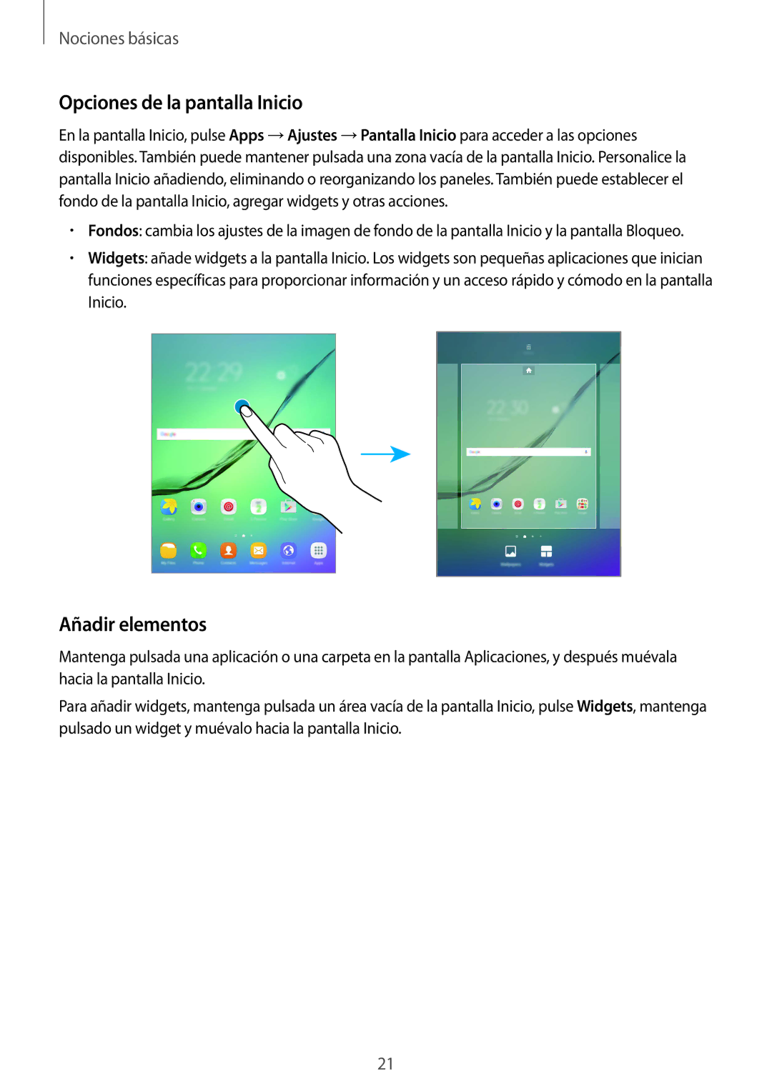 Samsung SM-T715NZWEPHE, SM-T815NZWEPHE, SM-T815NZKEPHE manual Opciones de la pantalla Inicio, Añadir elementos 