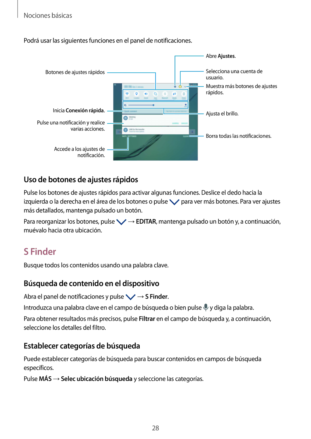 Samsung SM-T815NZWEPHE, SM-T715NZWEPHE Finder, Uso de botones de ajustes rápidos, Búsqueda de contenido en el dispositivo 