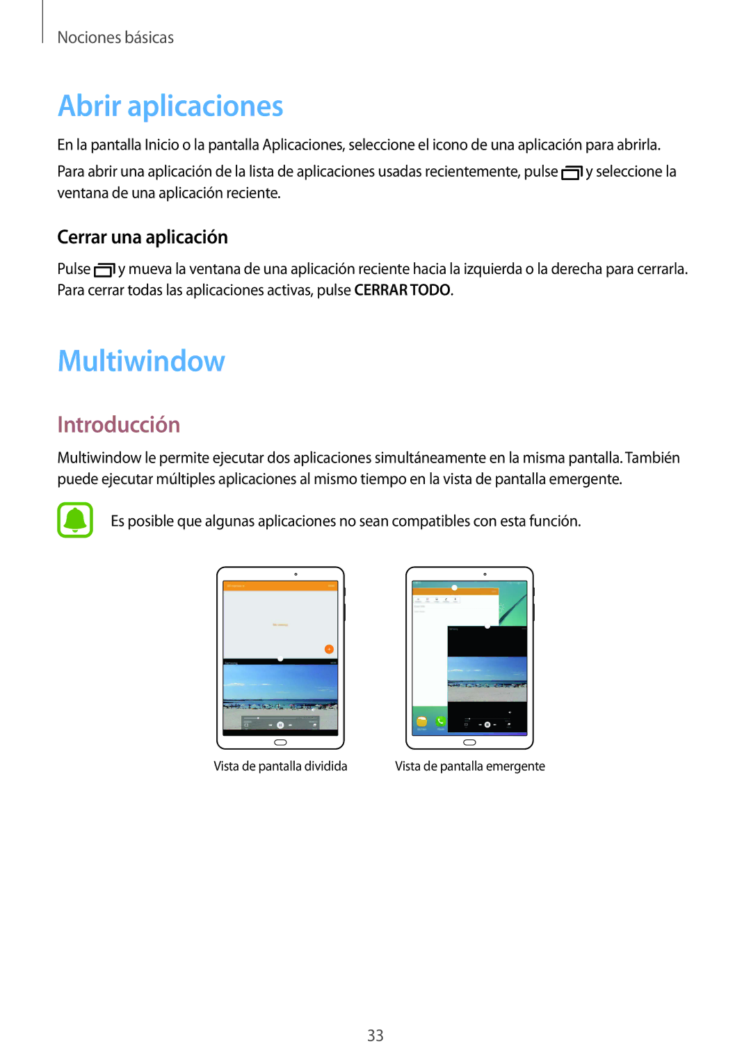 Samsung SM-T715NZWEPHE, SM-T815NZWEPHE, SM-T815NZKEPHE Abrir aplicaciones, Multiwindow, Introducción, Cerrar una aplicación 