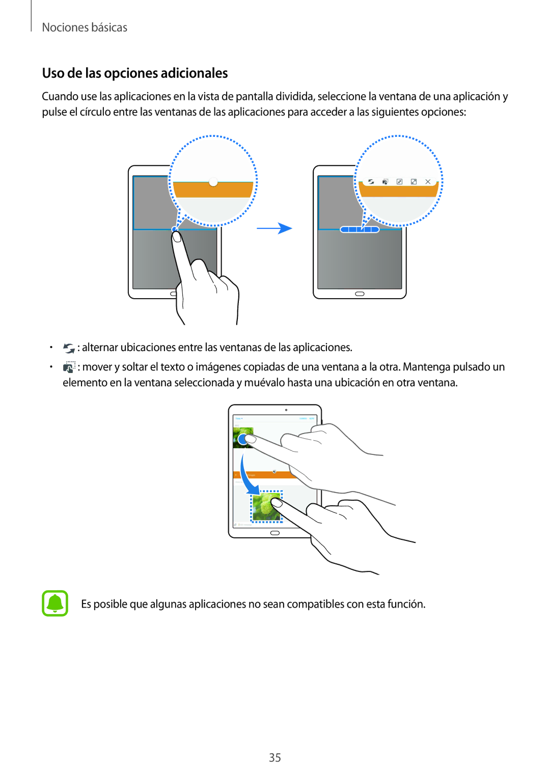 Samsung SM-T815NZKEPHE manual Uso de las opciones adicionales, Alternar ubicaciones entre las ventanas de las aplicaciones 