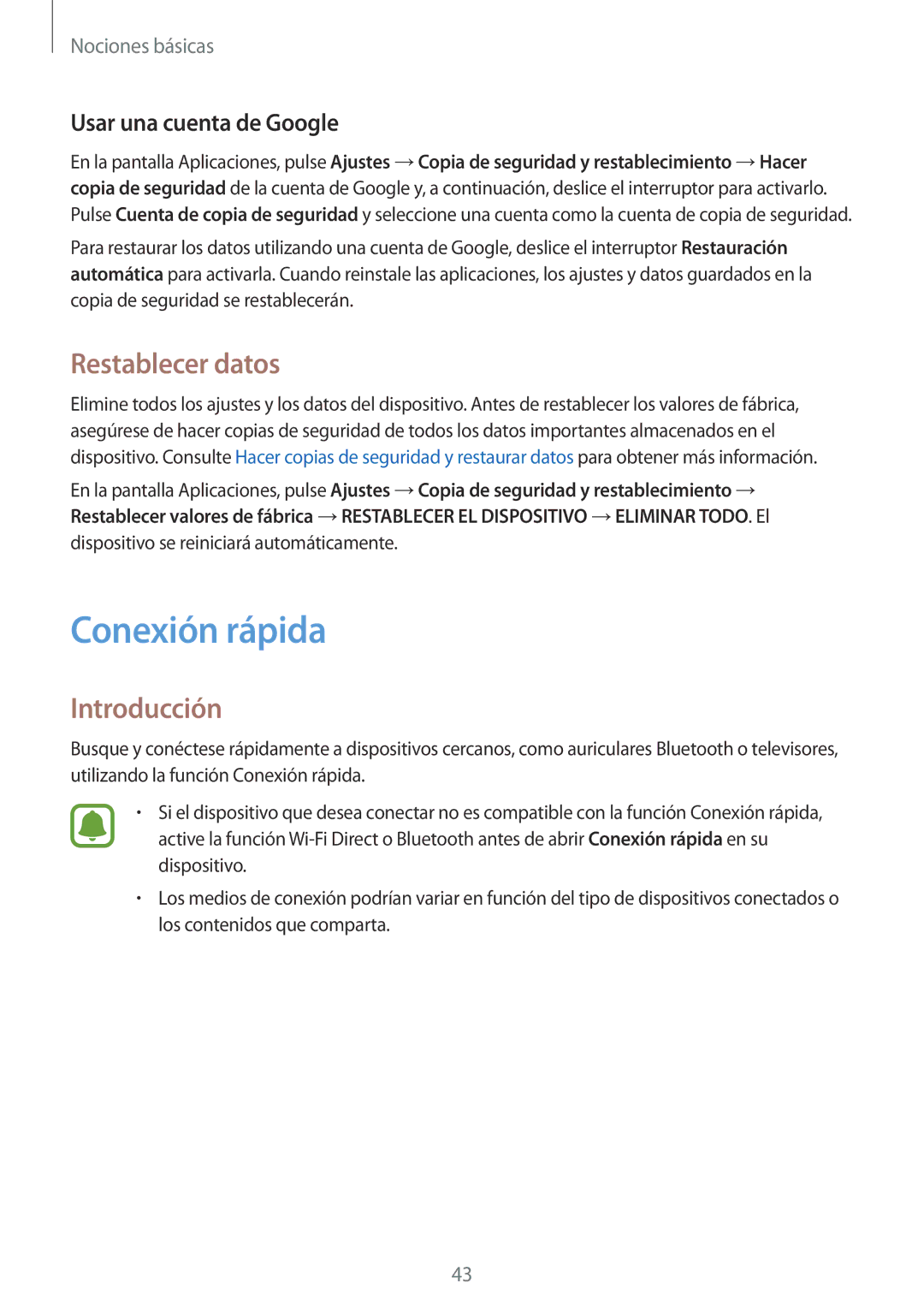 Samsung SM-T815NZWEPHE, SM-T715NZWEPHE, SM-T815NZKEPHE manual Conexión rápida, Restablecer datos, Usar una cuenta de Google 