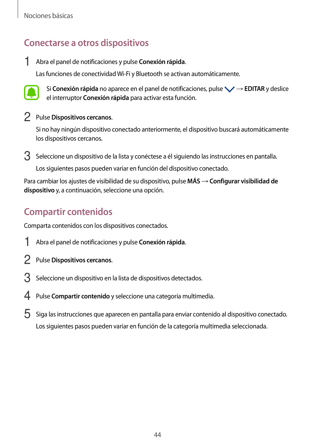 Samsung SM-T815NZKEPHE, SM-T715NZWEPHE Conectarse a otros dispositivos, Compartir contenidos, Pulse Dispositivos cercanos 