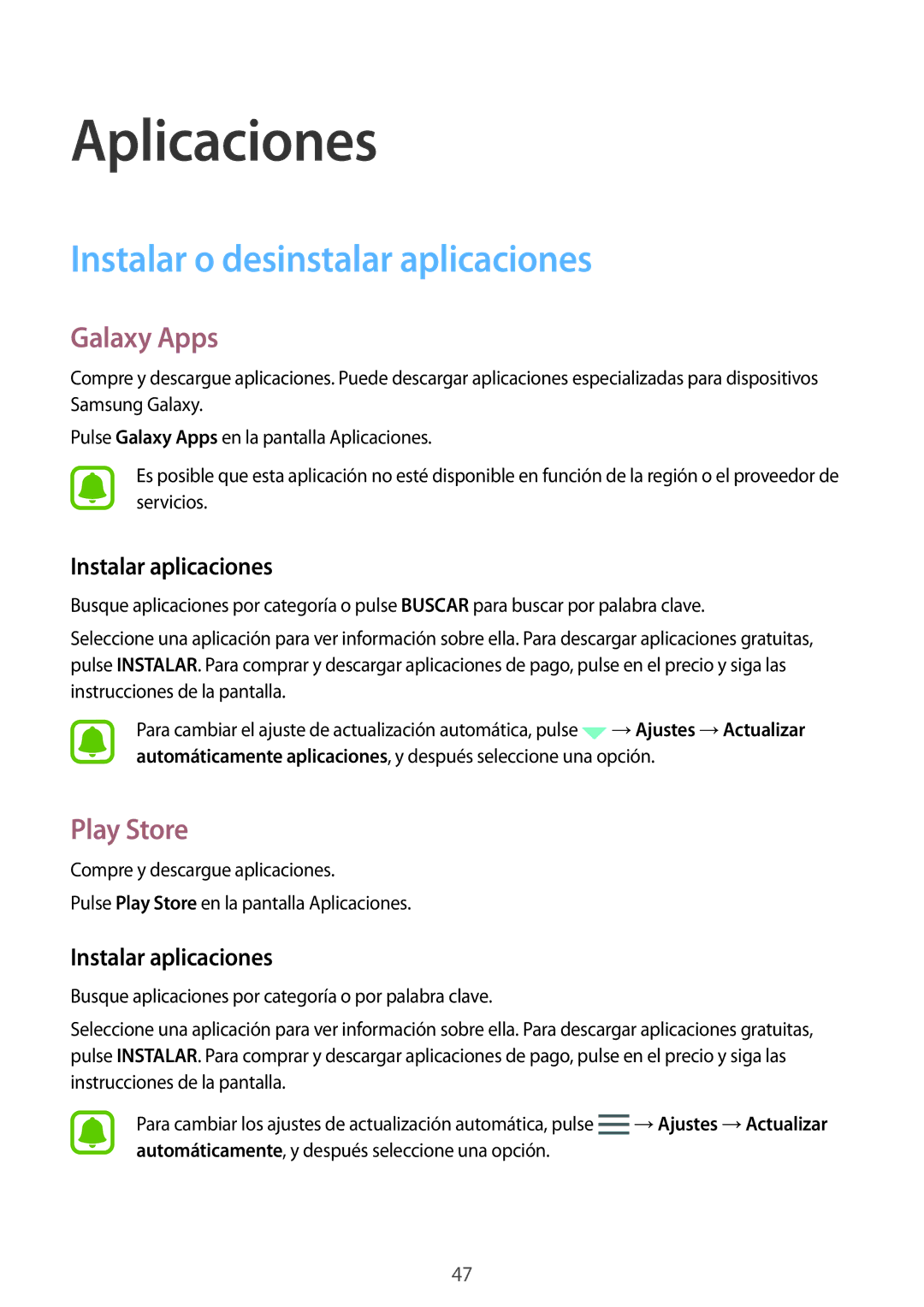 Samsung SM-T815NZKEPHE, SM-T715NZWEPHE Instalar o desinstalar aplicaciones, Galaxy Apps, Play Store, Instalar aplicaciones 