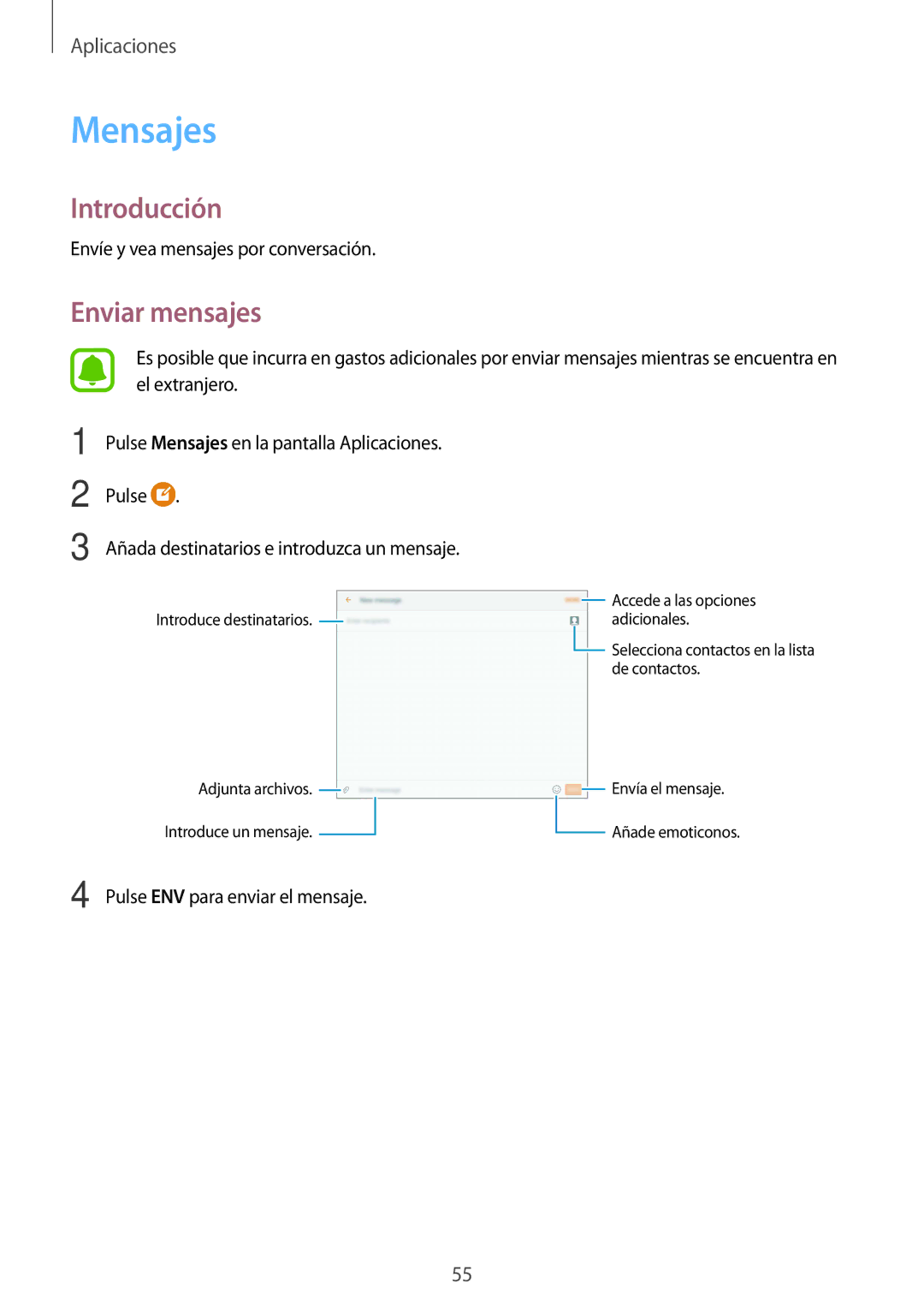 Samsung SM-T815NZWEPHE, SM-T715NZWEPHE, SM-T815NZKEPHE manual Mensajes, Enviar mensajes 