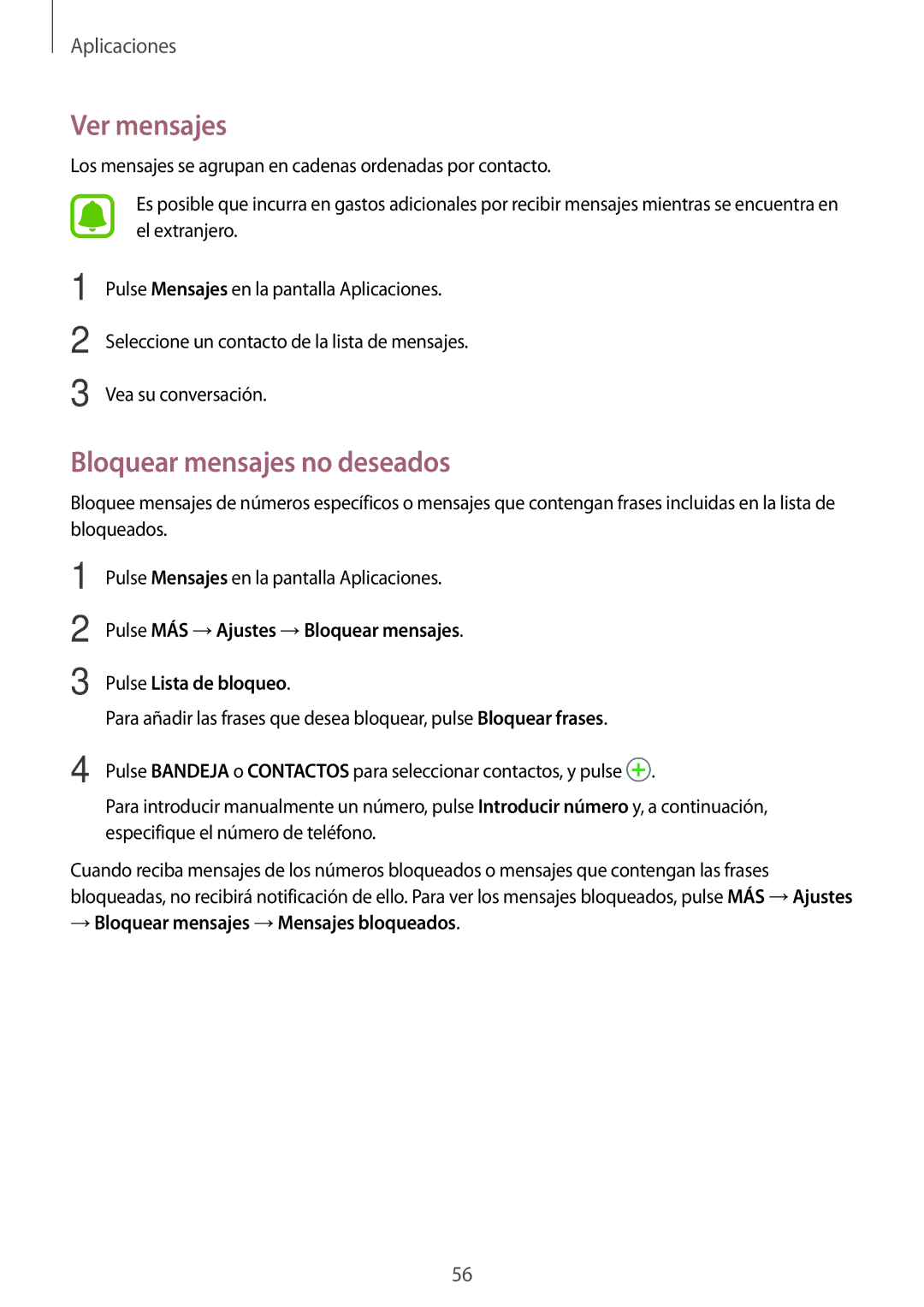 Samsung SM-T815NZKEPHE manual Ver mensajes, Bloquear mensajes no deseados, → Bloquear mensajes →Mensajes bloqueados 