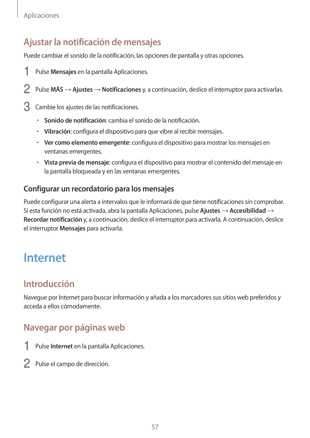Samsung SM-T715NZWEPHE, SM-T815NZWEPHE manual Internet, Ajustar la notificación de mensajes, Navegar por páginas web 