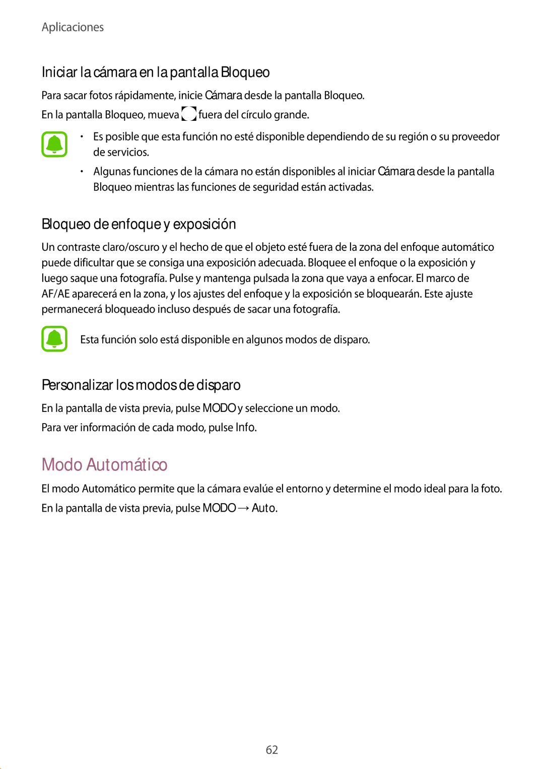 Samsung SM-T815NZKEPHE manual Modo Automático, Iniciar la cámara en la pantalla Bloqueo, Bloqueo de enfoque y exposición 