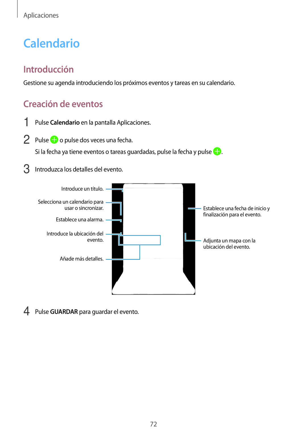 Samsung SM-T715NZWEPHE, SM-T815NZWEPHE, SM-T815NZKEPHE manual Calendario, Creación de eventos 