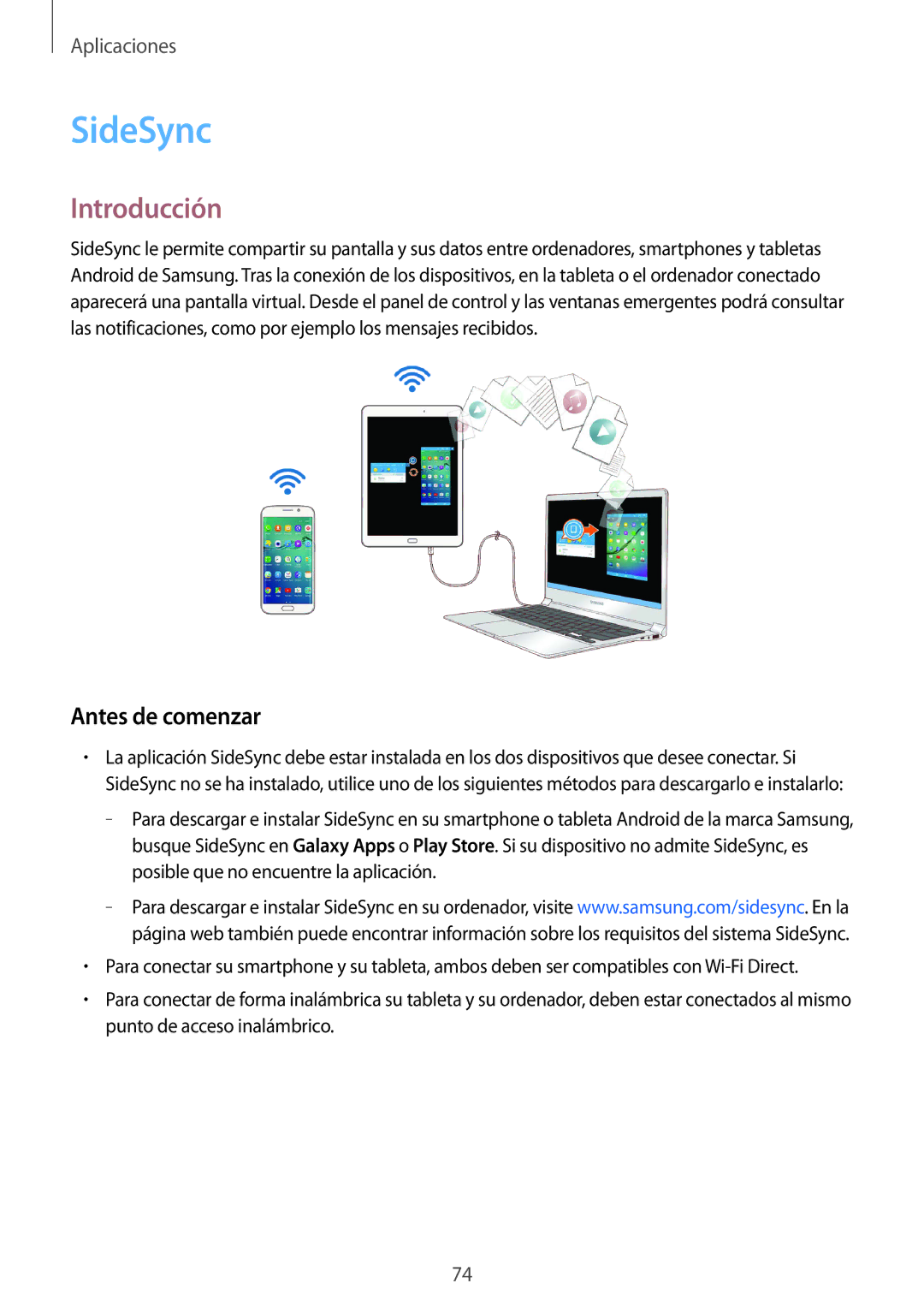 Samsung SM-T815NZKEPHE, SM-T715NZWEPHE, SM-T815NZWEPHE manual SideSync, Antes de comenzar 