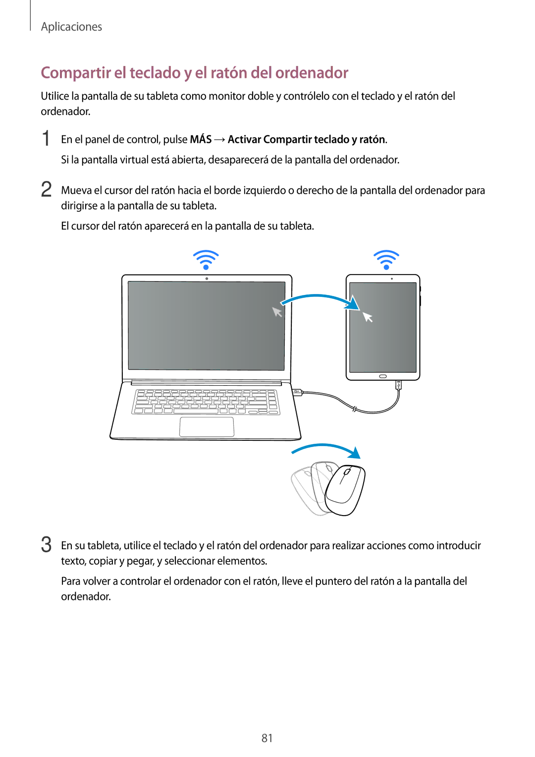 Samsung SM-T715NZWEPHE, SM-T815NZWEPHE, SM-T815NZKEPHE manual Compartir el teclado y el ratón del ordenador 