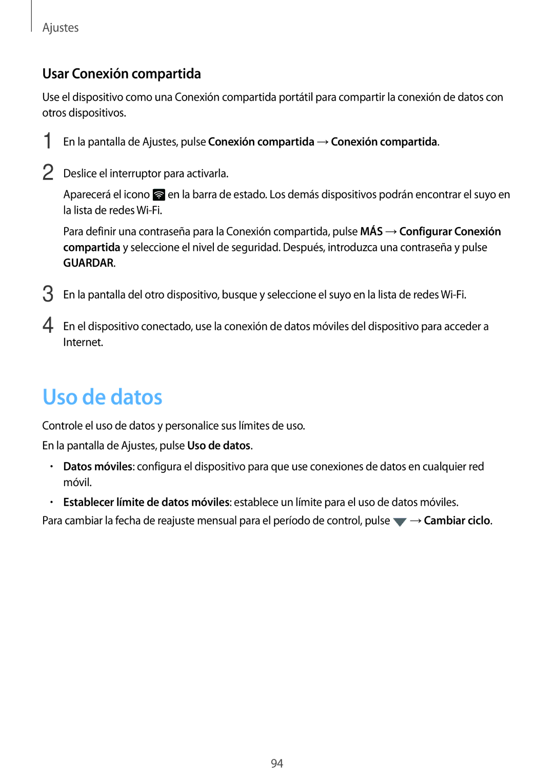 Samsung SM-T815NZWEPHE, SM-T715NZWEPHE, SM-T815NZKEPHE manual Uso de datos, Usar Conexión compartida 