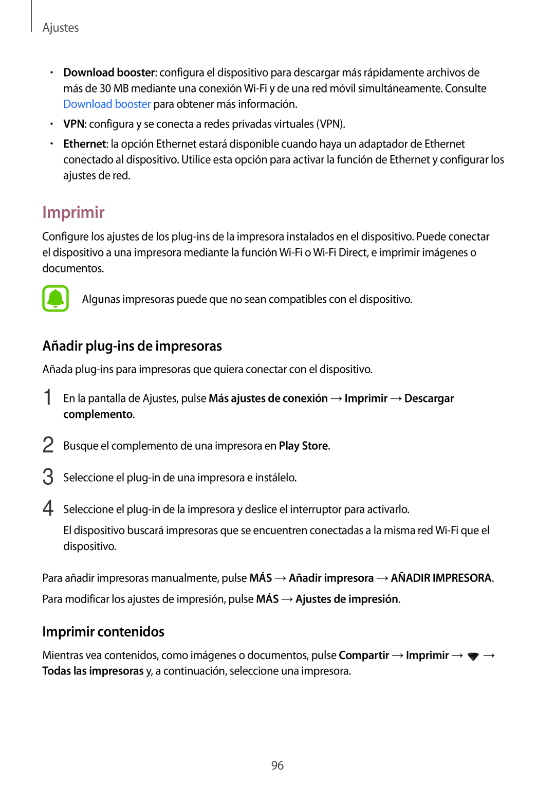 Samsung SM-T715NZWEPHE, SM-T815NZWEPHE, SM-T815NZKEPHE manual Añadir plug-ins de impresoras, Imprimir contenidos 