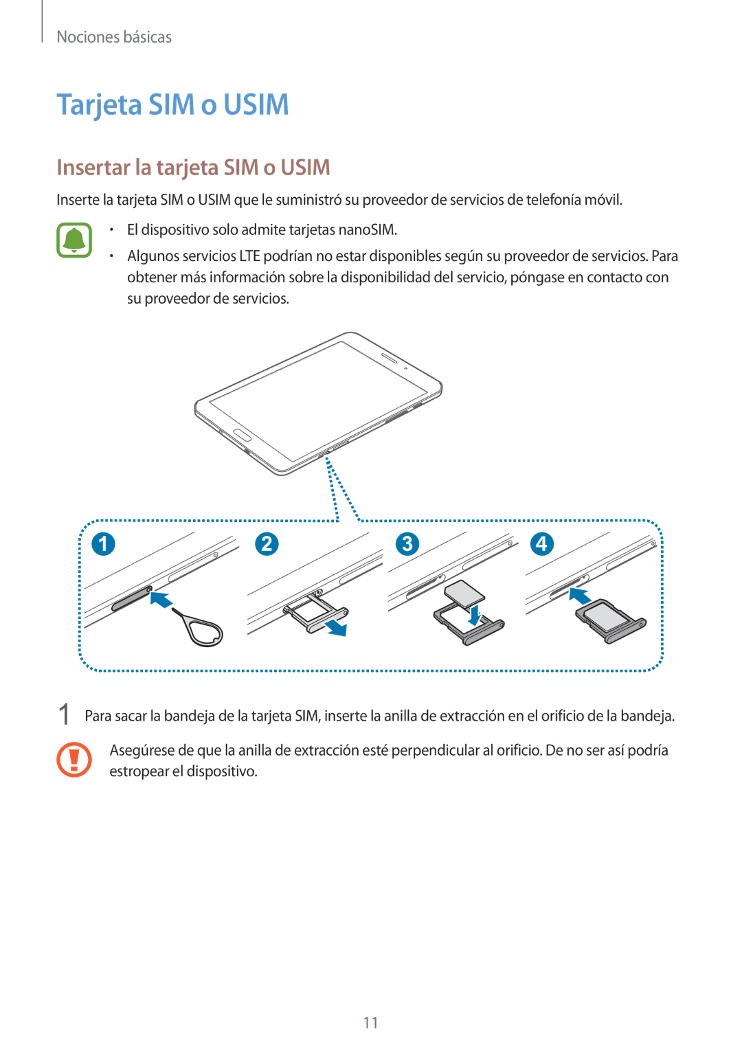 Samsung SM-T715NZWEPHE manual Tarjeta SIM o Usim, Insertar la tarjeta SIM o Usim 