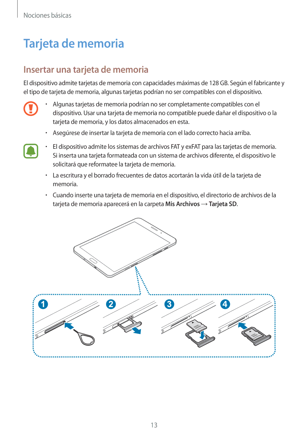 Samsung SM-T715NZWEPHE manual Tarjeta de memoria, Insertar una tarjeta de memoria 