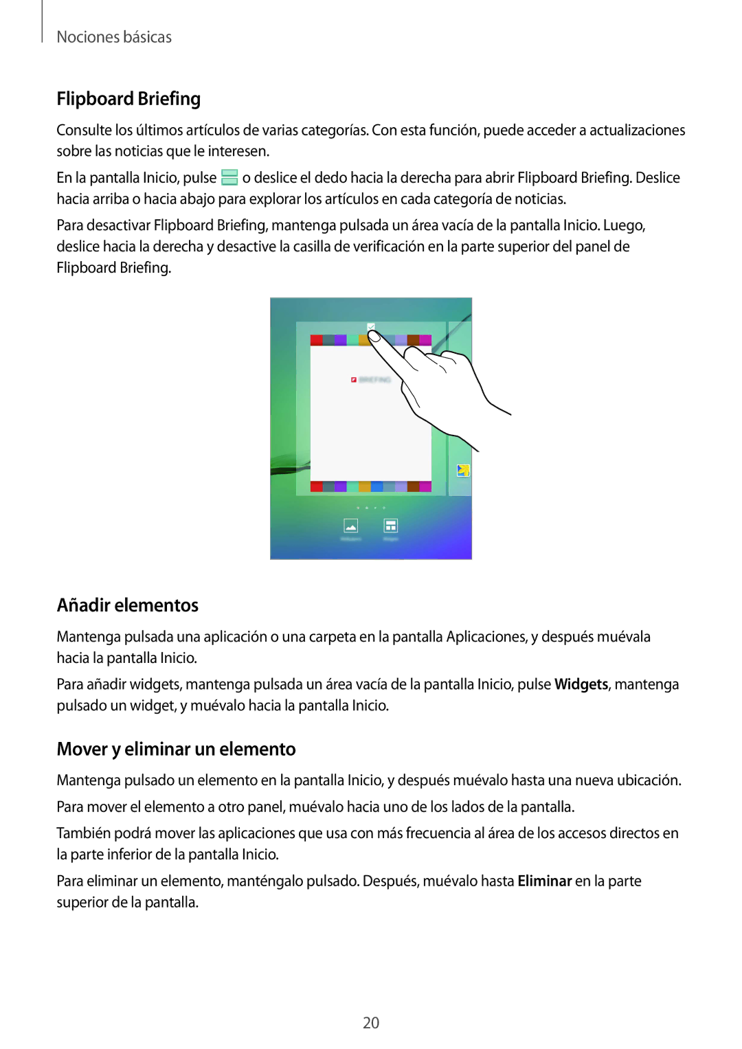 Samsung SM-T715NZWEPHE manual Flipboard Briefing, Añadir elementos, Mover y eliminar un elemento 