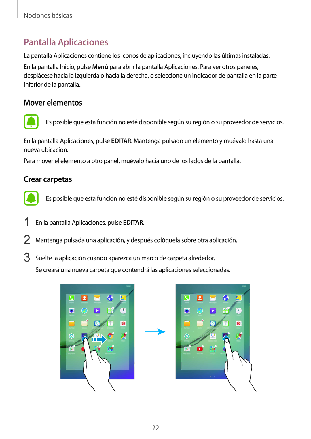 Samsung SM-T715NZWEPHE manual Pantalla Aplicaciones, Mover elementos 
