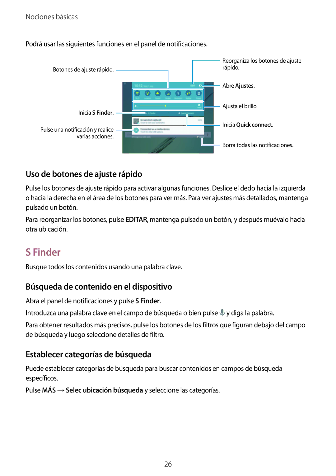 Samsung SM-T715NZWEPHE manual Finder, Uso de botones de ajuste rápido, Búsqueda de contenido en el dispositivo 
