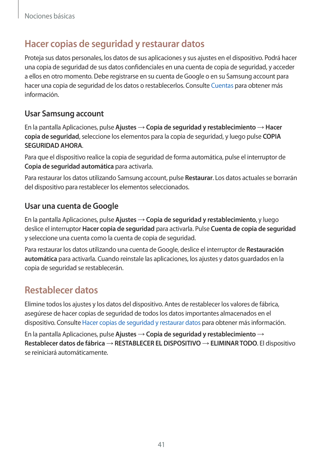 Samsung SM-T715NZWEPHE manual Hacer copias de seguridad y restaurar datos, Restablecer datos, Usar Samsung account 
