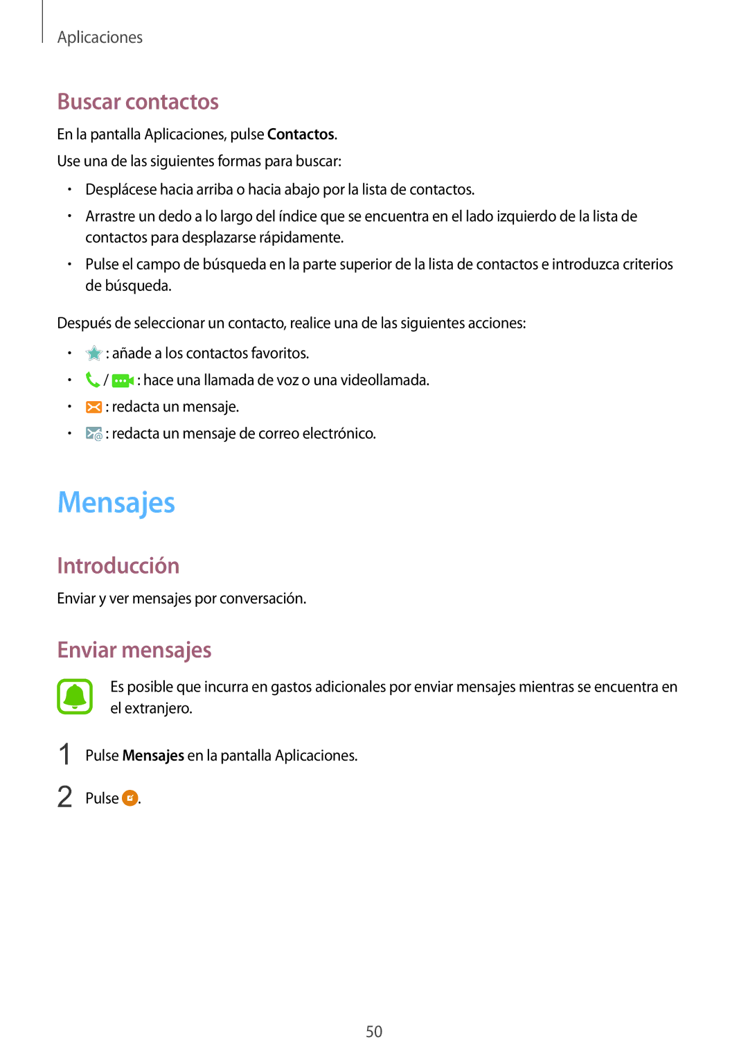 Samsung SM-T715NZWEPHE manual Mensajes, Buscar contactos, Enviar mensajes 