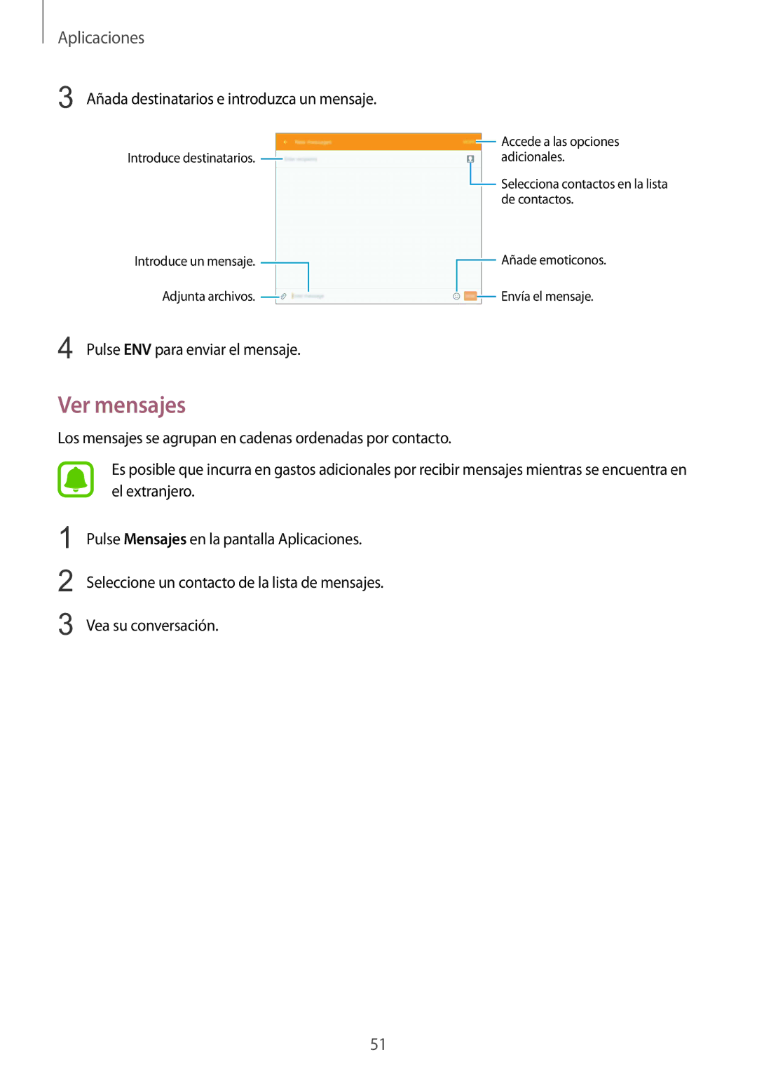 Samsung SM-T715NZWEPHE manual Ver mensajes, Añada destinatarios e introduzca un mensaje 