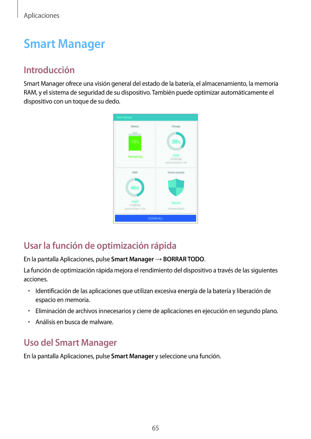 Samsung SM-T715NZWEPHE manual Usar la función de optimización rápida, Uso del Smart Manager 