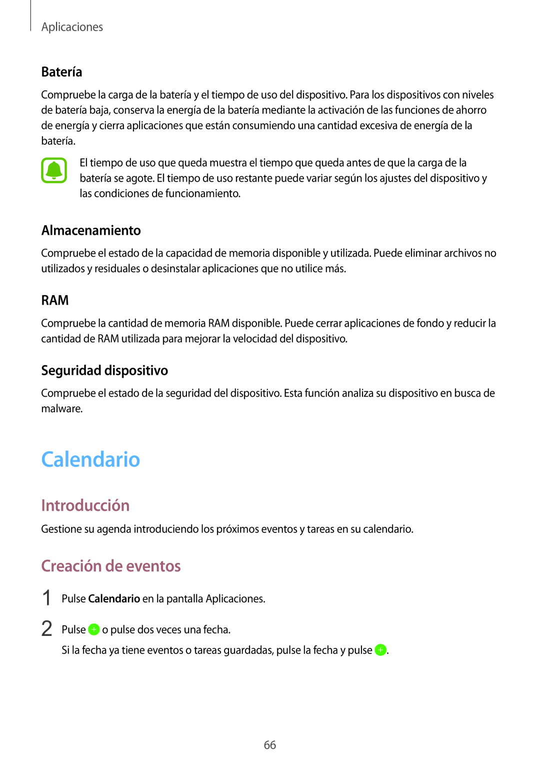 Samsung SM-T715NZWEPHE manual Calendario, Creación de eventos, Batería, Almacenamiento, Seguridad dispositivo 