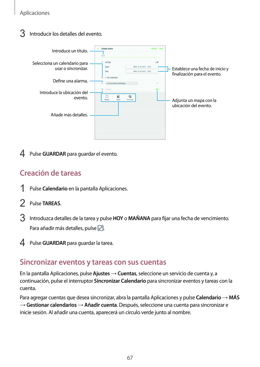 Samsung SM-T715NZWEPHE manual Creación de tareas, Sincronizar eventos y tareas con sus cuentas 