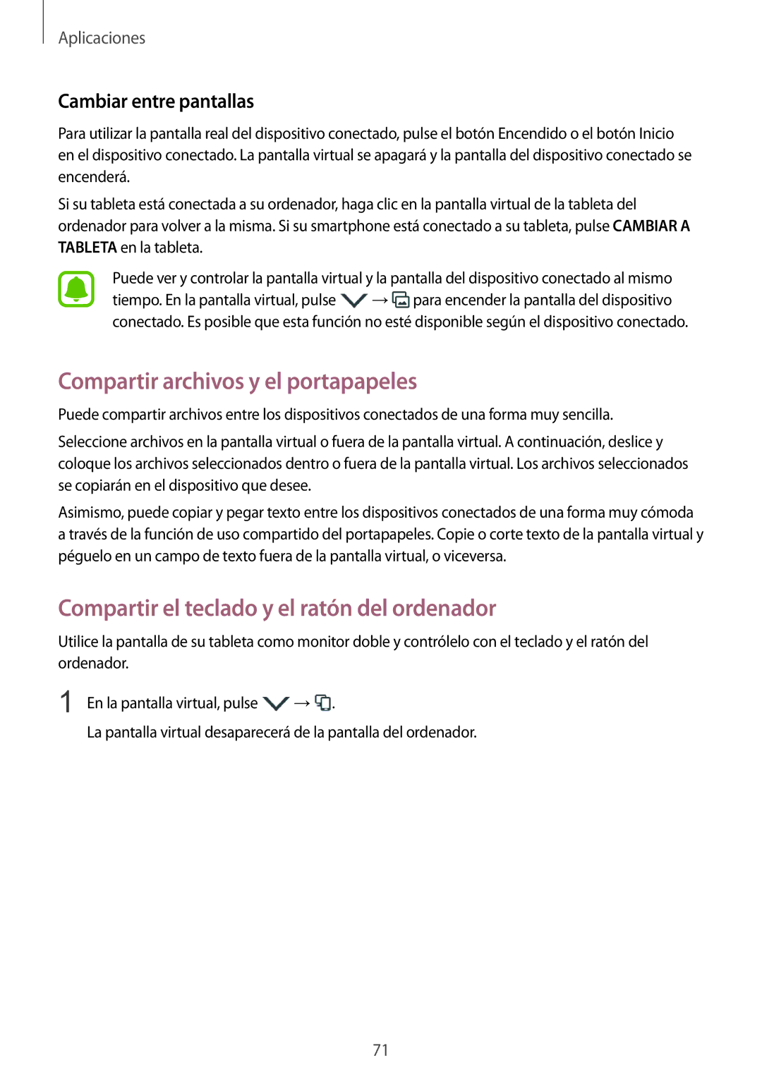 Samsung SM-T715NZWEPHE manual Compartir archivos y el portapapeles, Compartir el teclado y el ratón del ordenador 