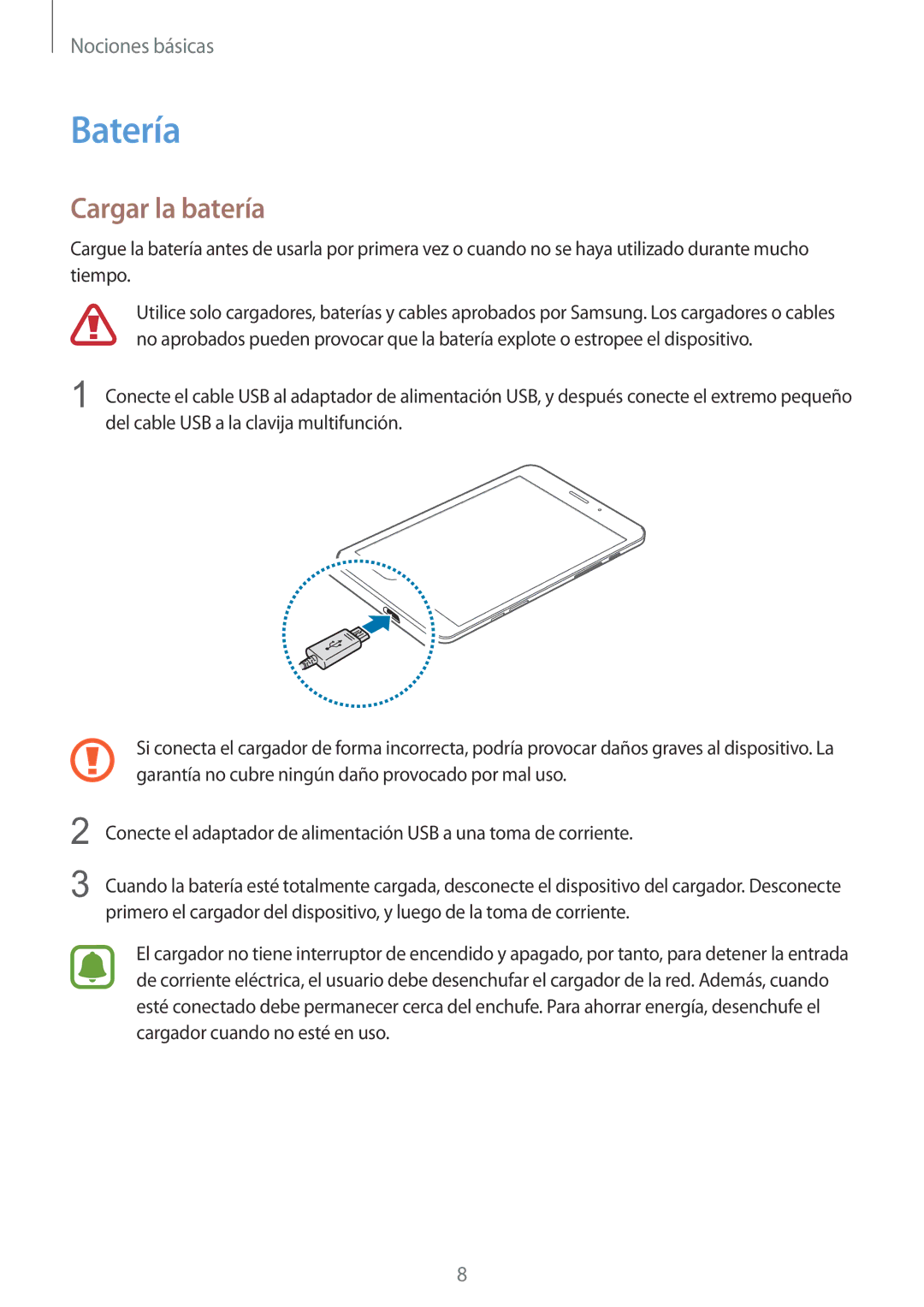 Samsung SM-T715NZWEPHE manual Batería, Cargar la batería 