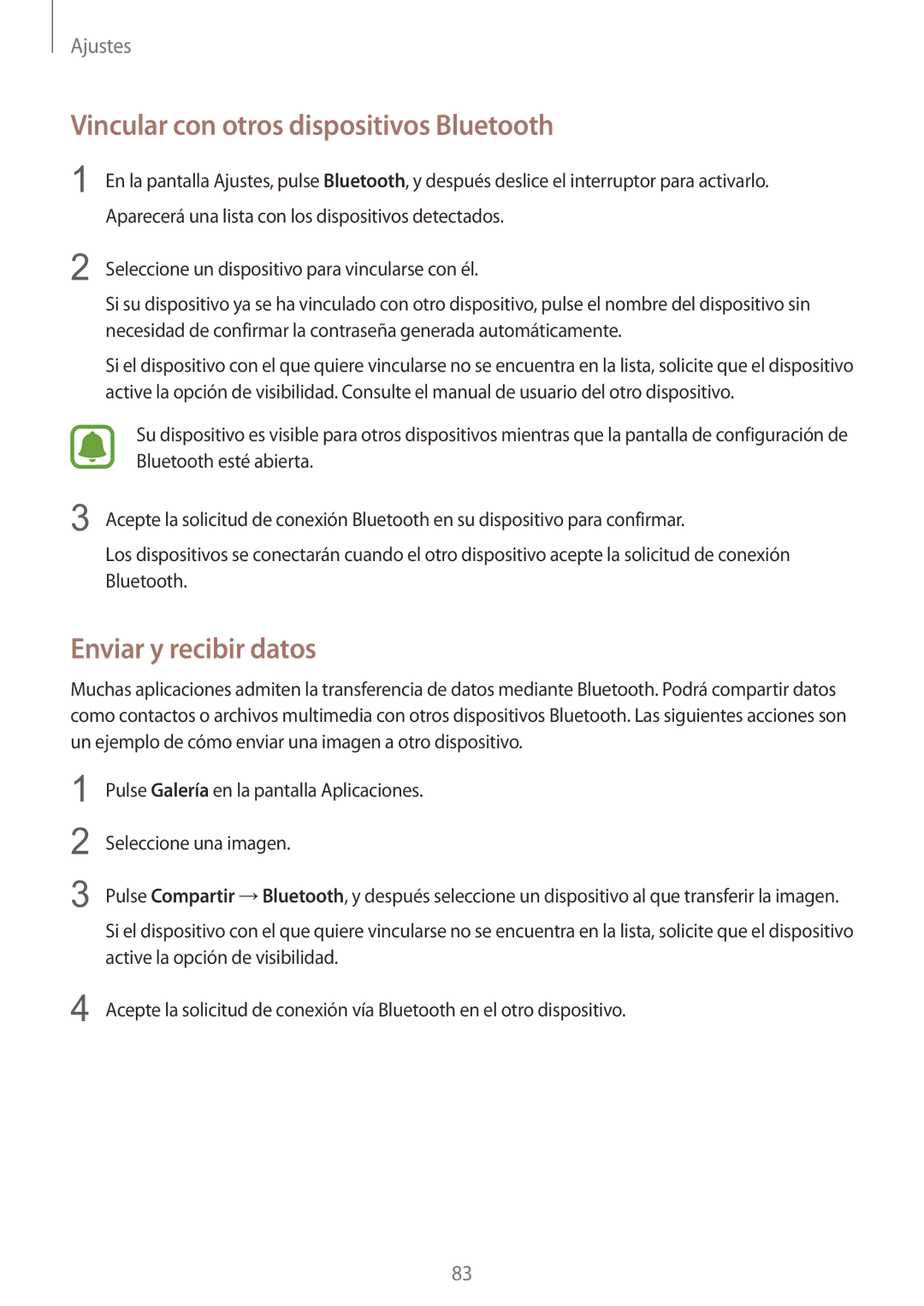 Samsung SM-T715NZWEPHE manual Vincular con otros dispositivos Bluetooth, Enviar y recibir datos 