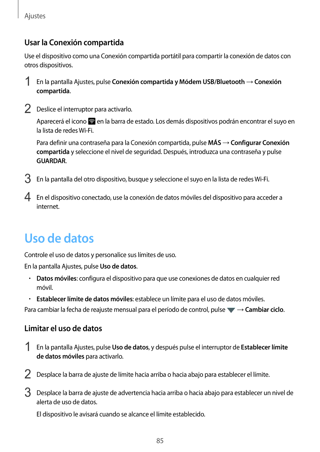 Samsung SM-T715NZWEPHE manual Uso de datos, Usar la Conexión compartida, Limitar el uso de datos 