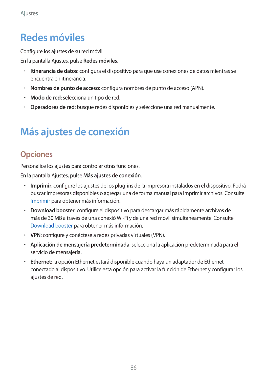 Samsung SM-T715NZWEPHE manual Redes móviles, Más ajustes de conexión, Opciones 